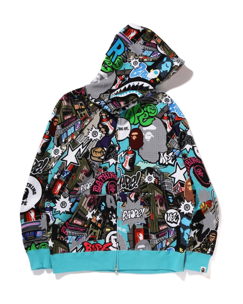 Sweat a Capuche Bape Comic Art Shark Zip Noir Homme | YPN-01089598