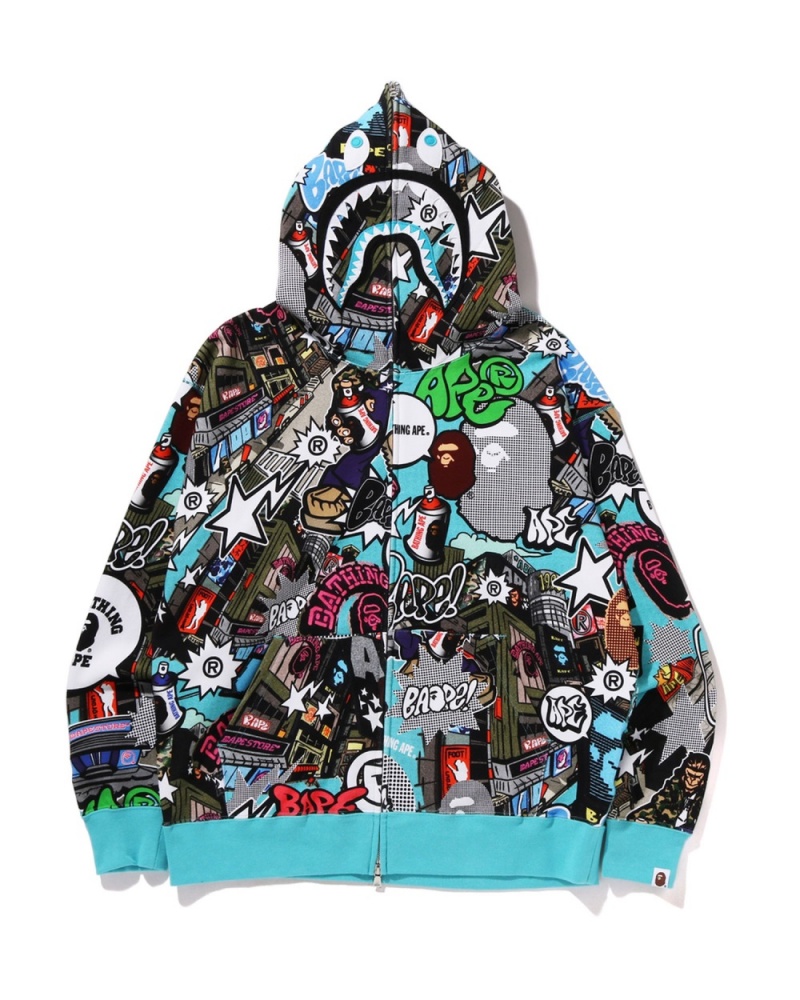 Sweat a Capuche Bape Comic Art Shark Zip Noir Homme | YPN-01089598