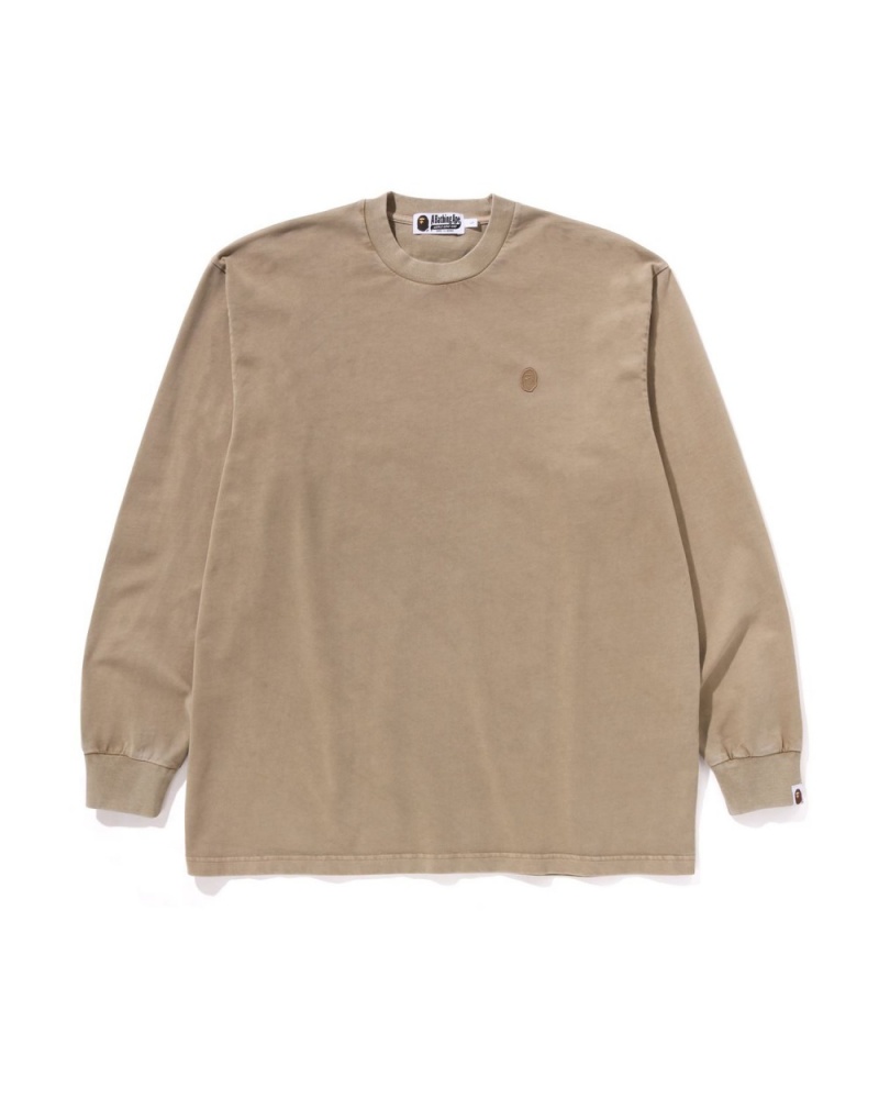 T Shirts Bape Ape Head One Point Garment Dyed L/S Beige Homme | MNT-16617164