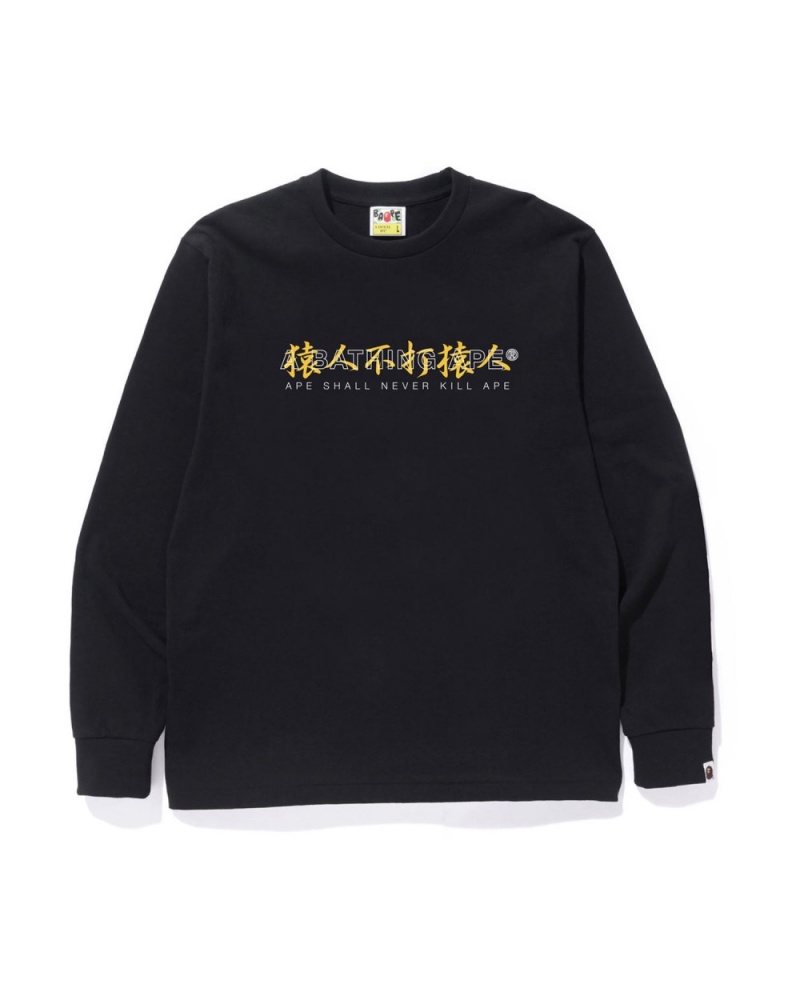 T Shirts Bape Kanji Ligi Asnka L/S Noir Homme | FPU-40476780