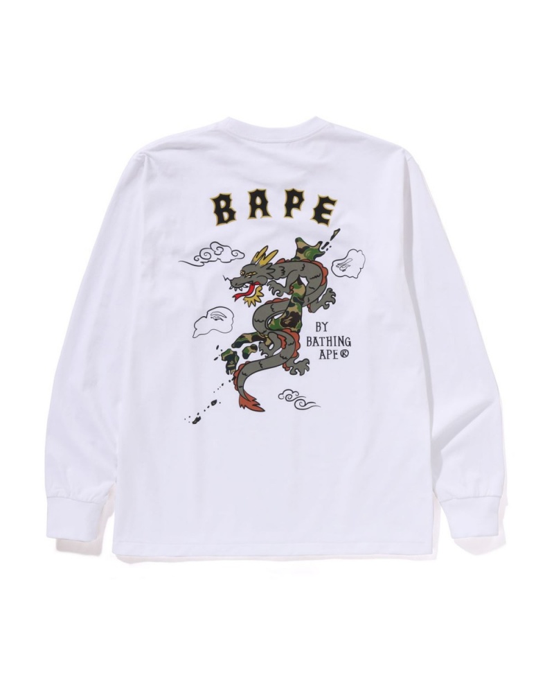 T Shirts Bape Souvenir Graphique L/s Blanche Homme | RRM-75332249