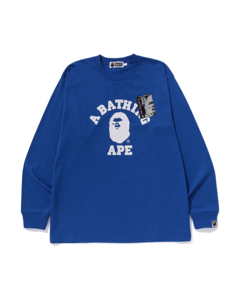 T Shirts Bape Mad Face College L/S Bleu Royal Bleu Homme | MNZ-77925054