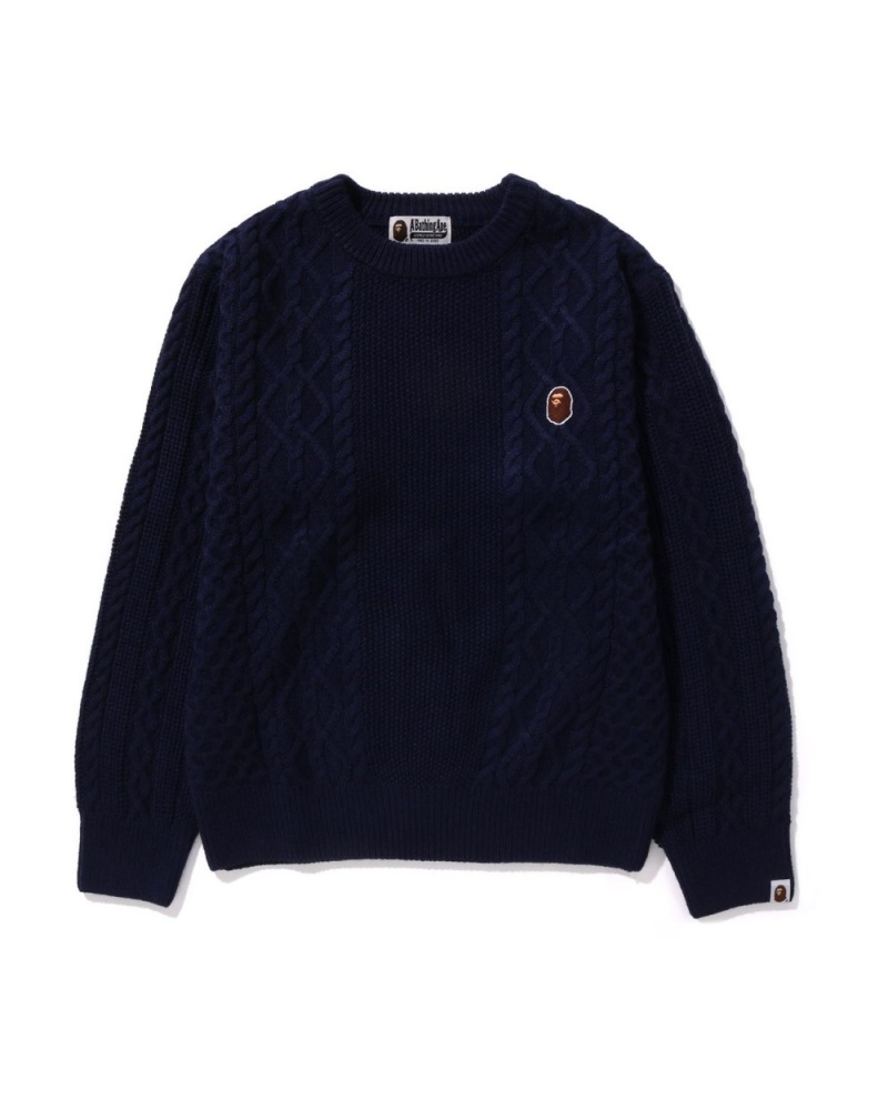 Chandails Bape Ape Head One Point Knit Bleu Marine Bleu Femme | XMJ-05181262