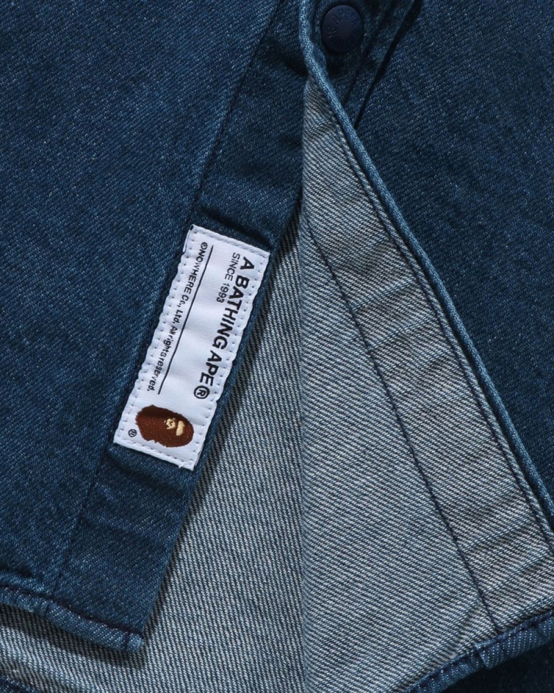 Chemises Bape Ape Head One Point Denim Bleu Marine Bleu Femme | AGS-69318128